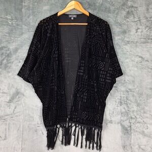 Womens Cardigan XL Black Velvet Burnout Whimsigoth Fringe Open Front Kimono Goth
